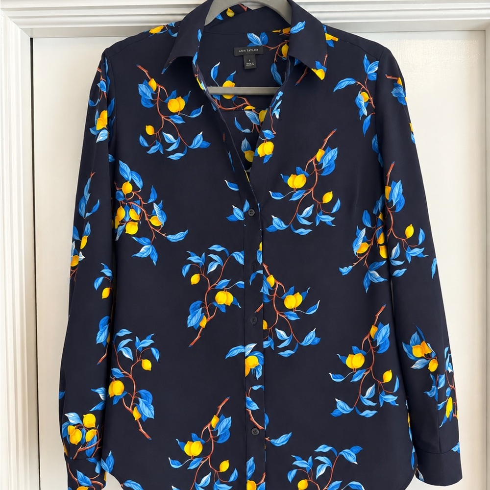 Ann Taylor Floral Button-Down Shirt - Navy with Blue & Yellow Print